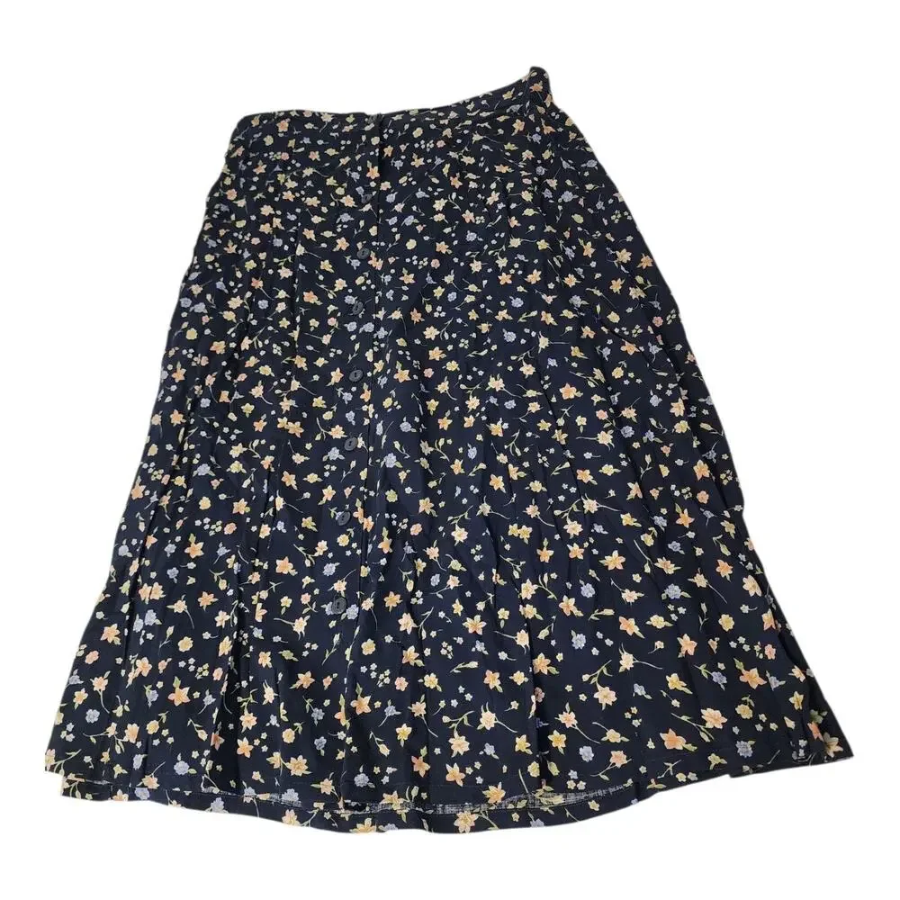 Vintage Sag Harbor Petite Large Floral Skirt Button Front Navy Midi Cottagecore